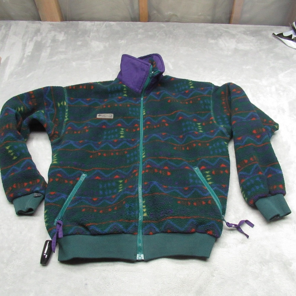Columbia Jacket Women Medium Green Fleece Aztec Southwestern Tribal USA Made VTG